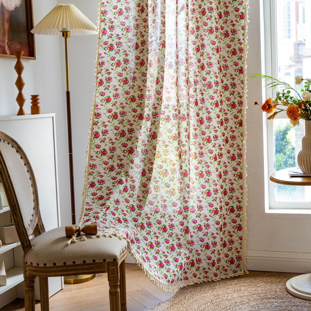 Finished Curtains Small Fresh Cotton And Linen Printing Multi-Bedroom Small Window Semi-Blackout Bay Window Decoration