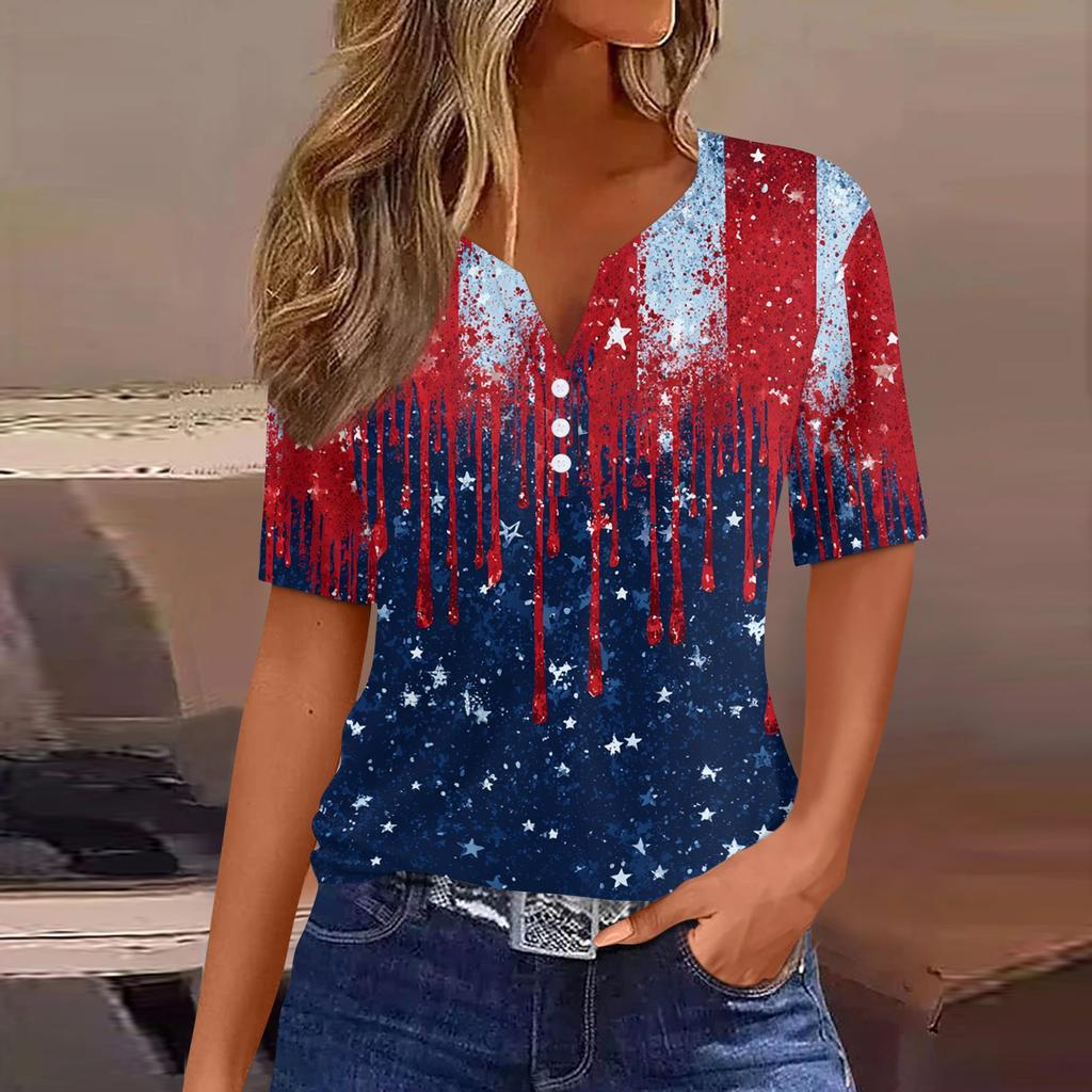 Women's T Shirt Independence Day Print Button Short Sleeve Daily Weekend Fashion Basic V- Neck Regular Top