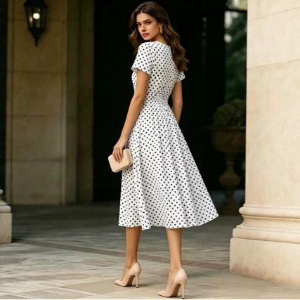 European and American Women's Clothing European Station Summer Waist Short-sleeved Polka Dot Dress