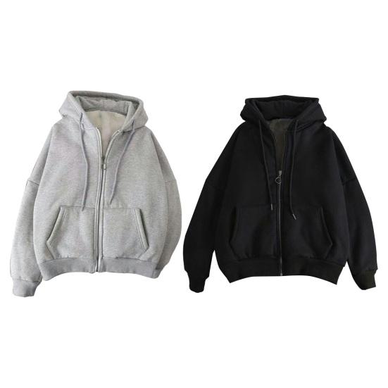 Fall Winter Men Coat Zip-up Long Sleeves Elastic Cuff Thick Plus Size Drawstring Plush Solid Color Loose Pockets Daily Sport Hoodie