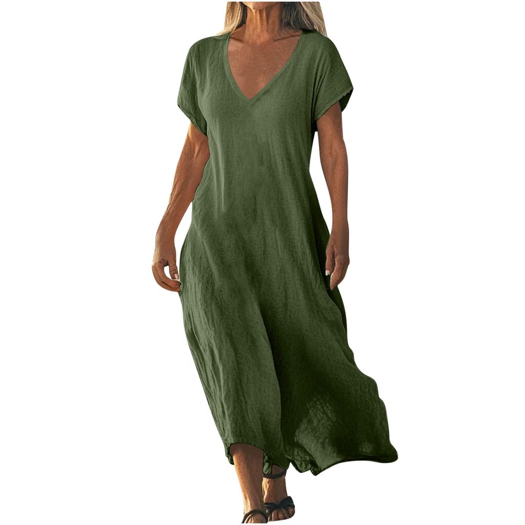 QICED Fashion Summer Spring Solid Color Print Short Sleeve V-Neck Casual Dresses