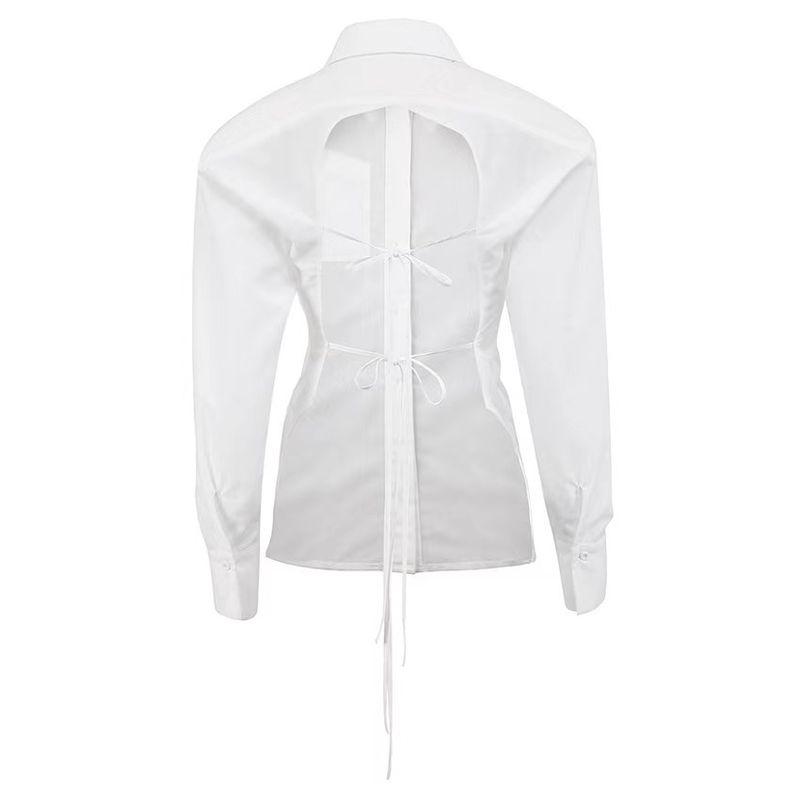 

Модный стиль рубашка с открытой спиной на шнуровке с подплечниками французский стиль приталенная блузка без спины на шнуровке White L
