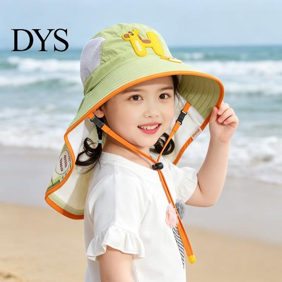 Kids Foldable Camping Hat Summer Sun for Boys Girls, Breathable Mesh Wide Brim Cap with Neck Accessories Flap, Adjustable Strap & Whistle, UV