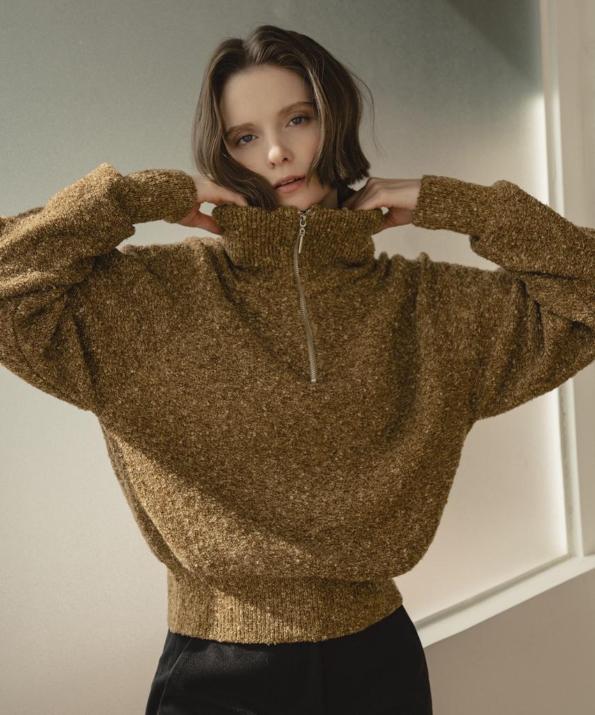 Banwonateullie Kn4214 Boucle Zip-Up Knit_Golden Brown
