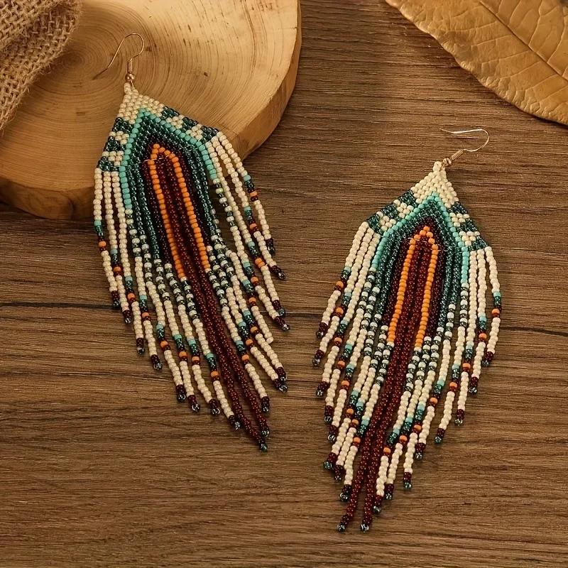 

Colorful Beaded Earrings Long Tassel Bohemia Style Ethnic Style Retro Hand Knitting Fashion Simple Holiday Ear Ornaments