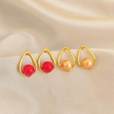 Simple Pearl Earrings Versatile High-End Sense Red Beads Design Sense Champagne Beads Light Luxury Temperament Stud Earrings