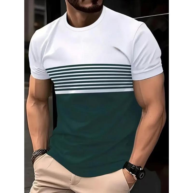 Fashion Men s Crew Neck T-Shirt 3D Striped Color Printing Striped Short Sleeve Crew Neck Short Sleeve XS