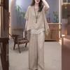 Women's Summer Loos Temperamente Literary Retro Suit Belly Shading Thin Blouse + Casual Trousers Two-piece Set
