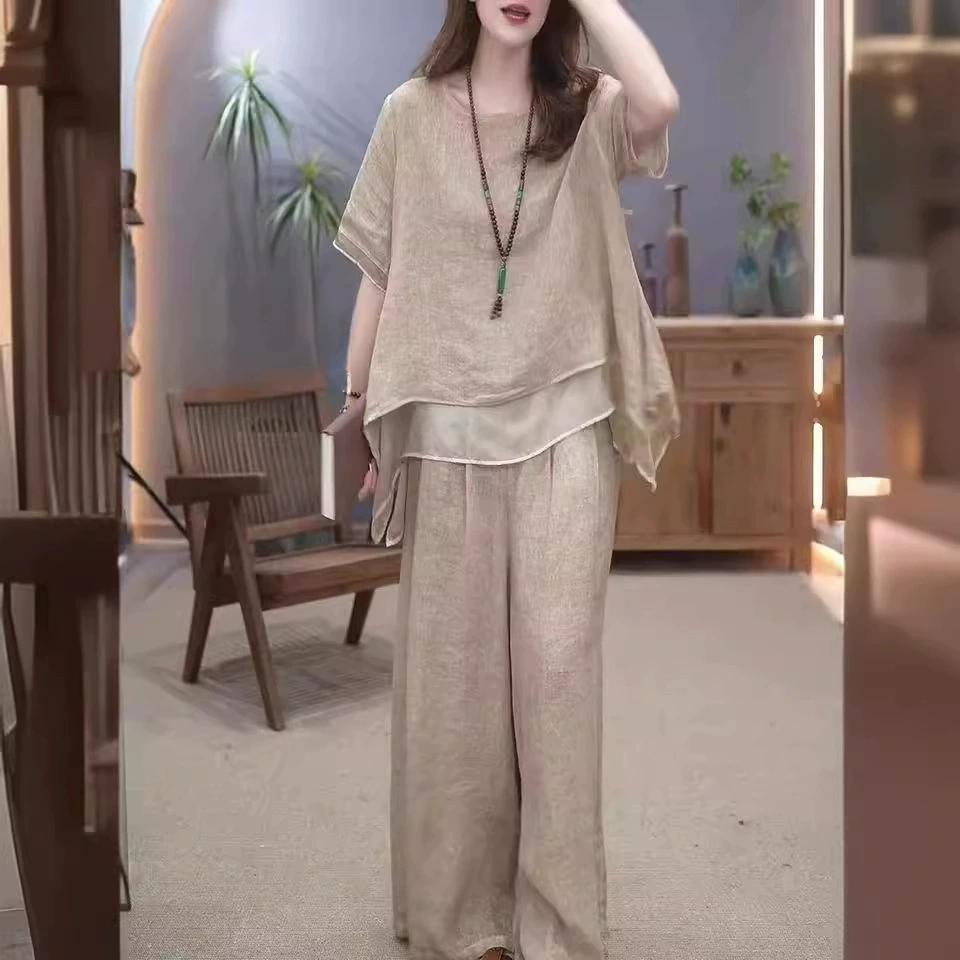 Women's Summer Loos Temperamente Literary Retro Suit Belly Shading Thin Blouse + Casual Trousers Two-piece Set