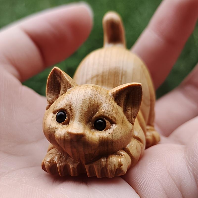 Hand-Carved Wooden Kitten Statue - Lifelike Miniature Cat Decor, No Electricity Needed, Handcrafted Wood Art for Home & Office Desk, Perfect Gift