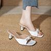 High-heeled Slippers Women's Fashion 2025 New Summer Bow, Thin Heel, One-word Drag Temperament, Square Head Cool Slippers