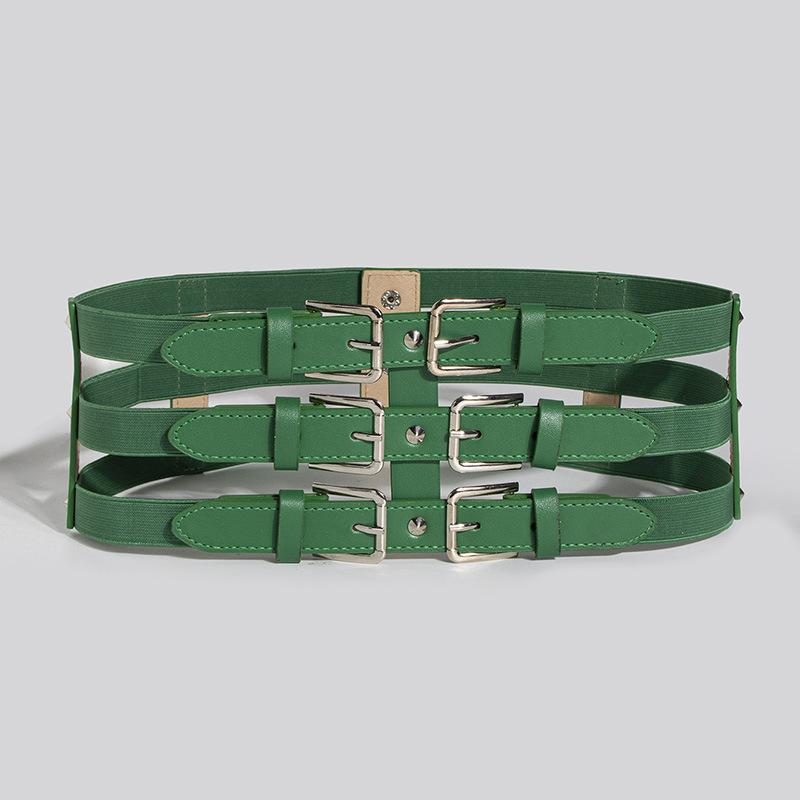 New Three-row Buckle Wide Waistband Punk Style Versatile Dark European and American Style Women's Belt