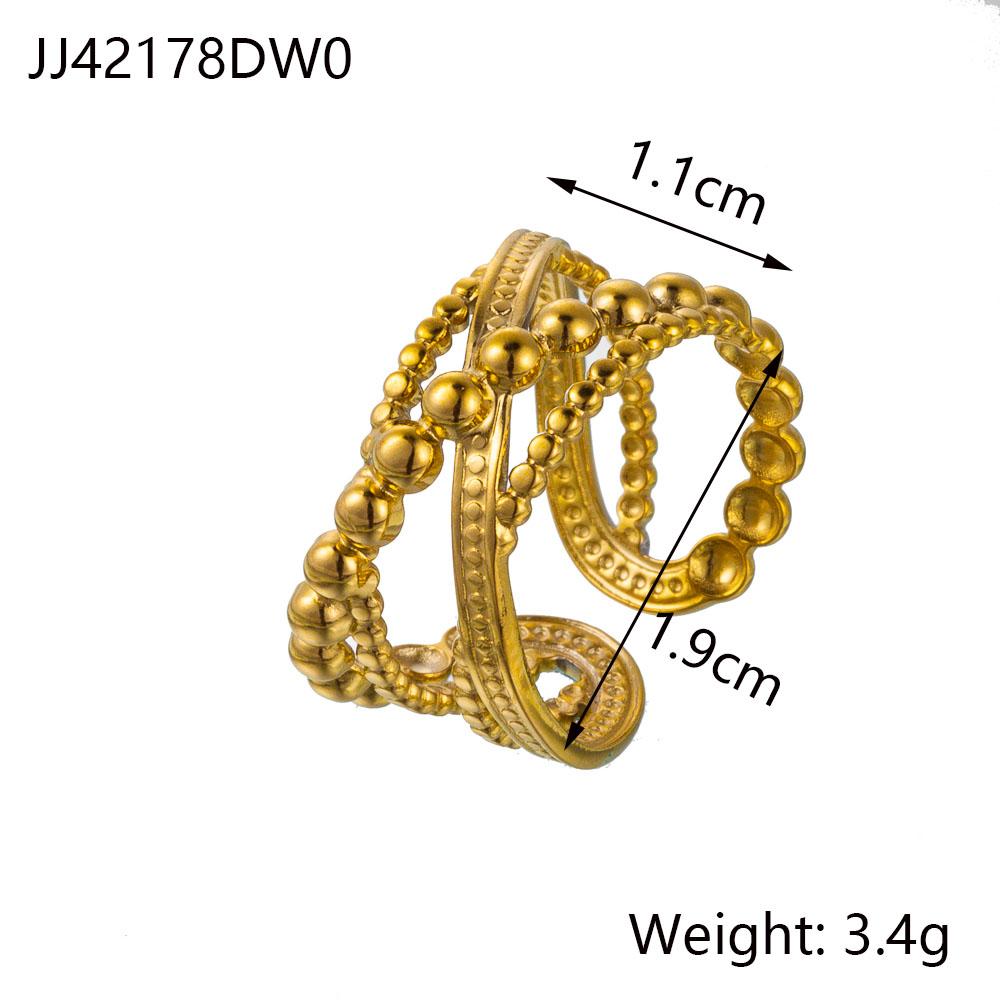 

CARLIDANA Fenny 18K Gold Plated Irrgular Non Tarnish Waterproof Double-layer Beads Cross Stainless Steel Open Ring For Women resizable