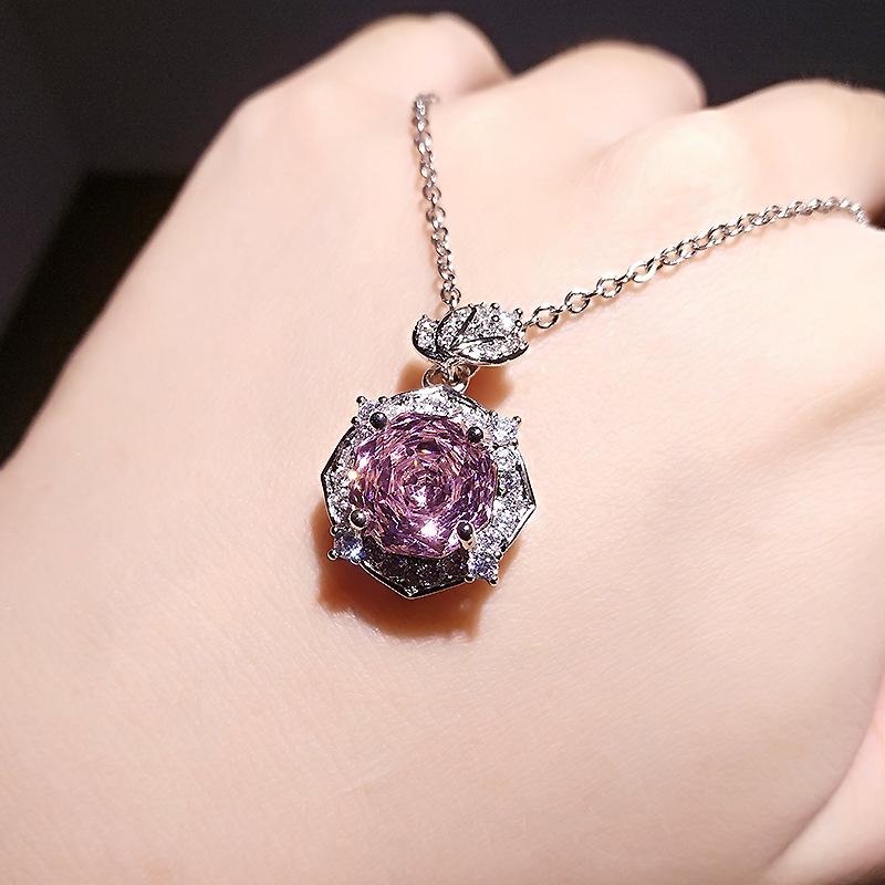 Octagonal Millennium Rose Cut Redstone Necklace Elegant Premium Pink Stone Yellow Diamond Leaf Pendant Female