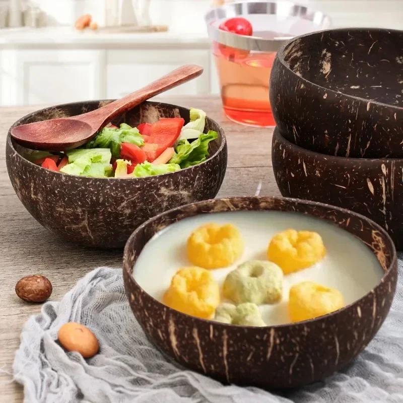 Natural Coconut Bowls Sets Reusable Coconut Bowls And Wooden Spoon For Dessert Yogurt Fruit Salad Smoothie Kitchen Tableware