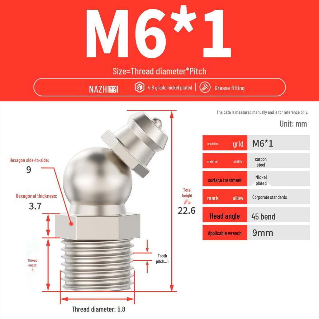 Nickel-Plated Iron Bent Grease Nipple Grease Gun Head M6-M14 G1/8