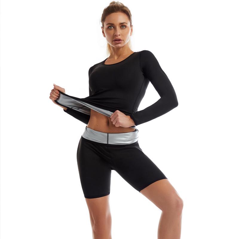 Women's Body Shaping Sweat Suit: Tummy Control Yoga Pants & Long Sleeve Top for Fitness & Running