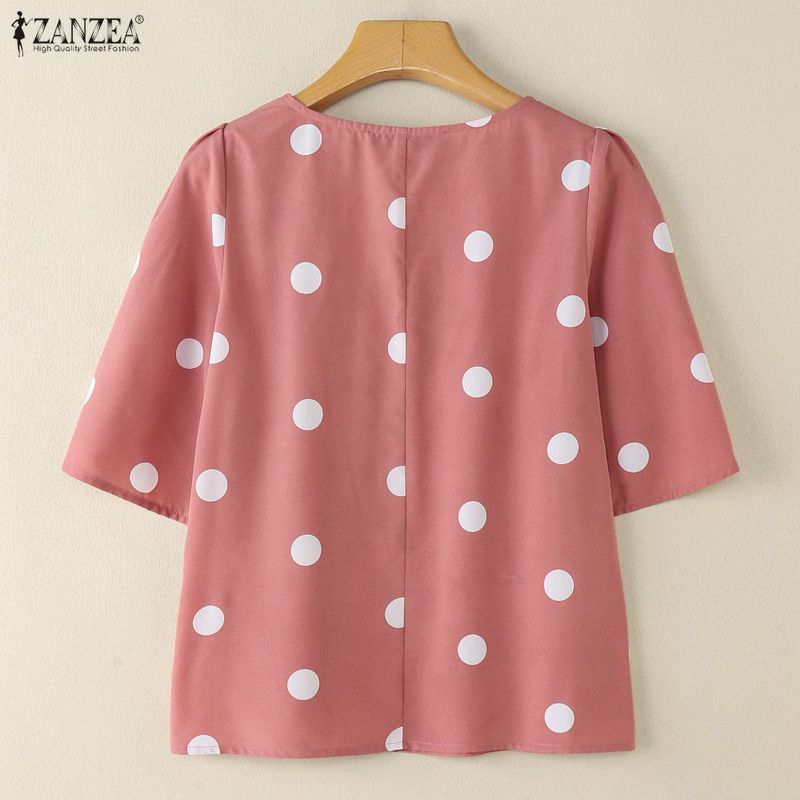 ZANZEA Γυναικείο Καθημερινό Καλοκαιρινό Μπλουζάκι με Στρογγυλή Λαιμόκοψη, Κοντό Μανίκι και Πουά