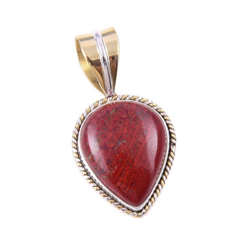 Natural Red Jasper Gemstone 925 Solid Sterling Silver TwoTone Pendant 1.25" Q8j84