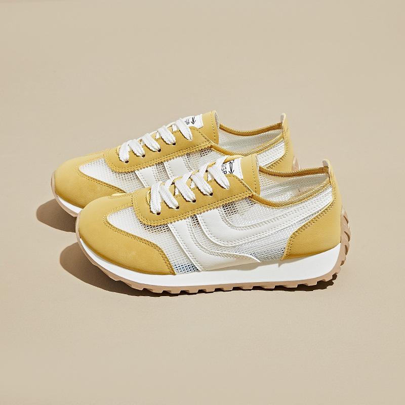 Gelbe Damen Frühling Sommer neue Retro atmungsaktive Mesh Zehenfrei kleine Sportliche flache Freizeitschuhe