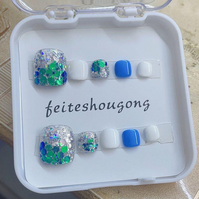 

Handmade Toenail Sky Blue Sequin White Elegant Toenail Piece Removable Wearable White Nail Stickers Sky Blue Star Toenail [S small size]]