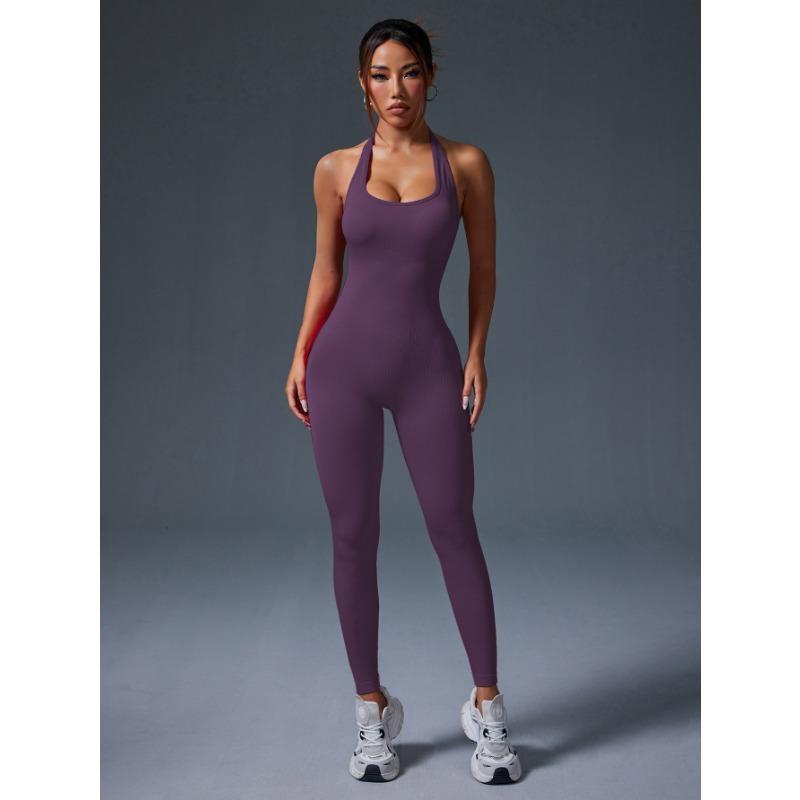 Summer Sexy Backless Halter Gym Jumpsuit Women's Fitness Suit Sports Overalls for Woman Tracksuit Yoga Clothing Elasticity Black Workout Sportswear