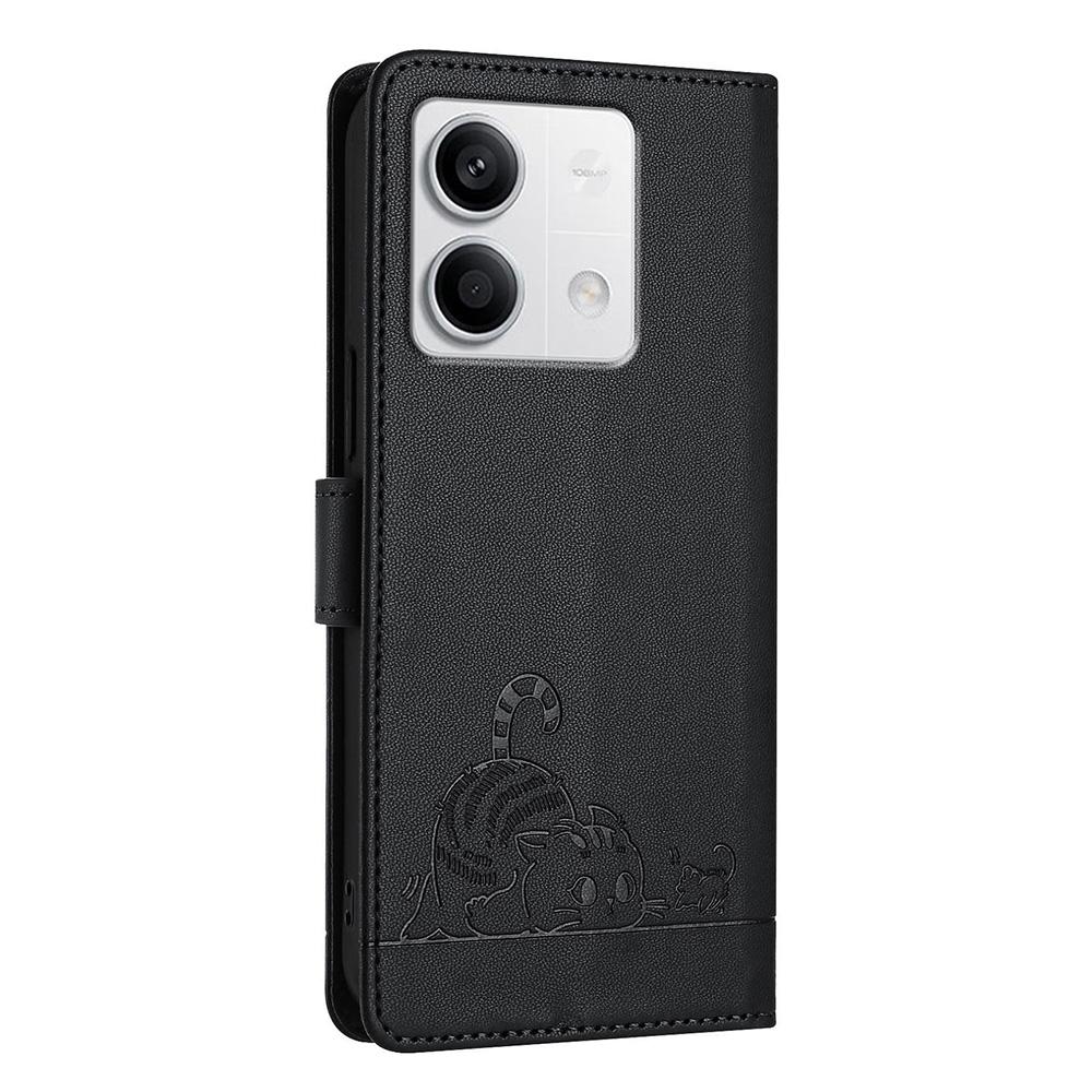 For Xiaomi Redmi Note 13 5G/Note 13 5G (China) Case with Strap RFID Blocking Leather Wallet Phone Cover Cat Mouse Pattern - Black