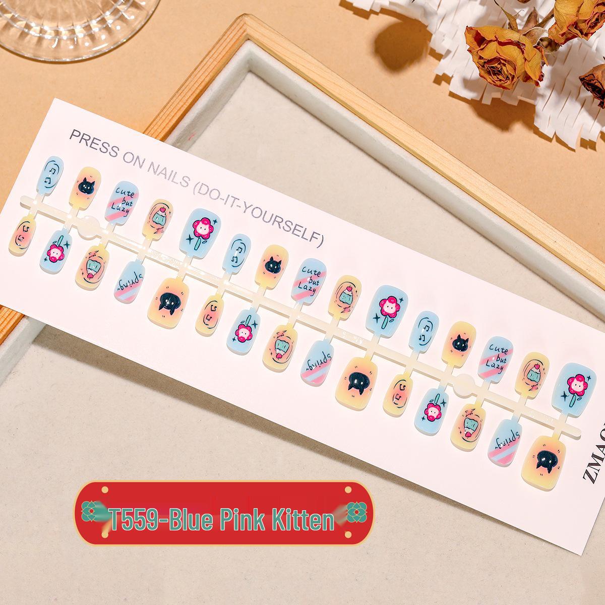 

#T559 Blue-Pink Kitten Cartoon Nail Patches - 30 Super Cute Pre-made Cat Eye Designs XS