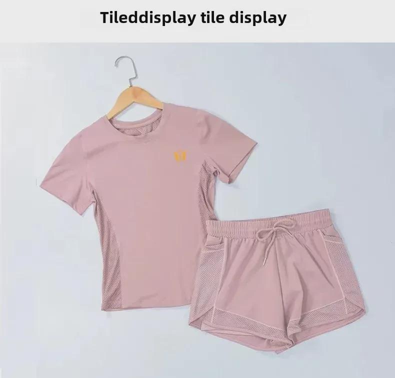 Women's Breathable Summer Yoga and Running Set: Loose Fit, Quick-Drying Shorts with Short Sleeves.
