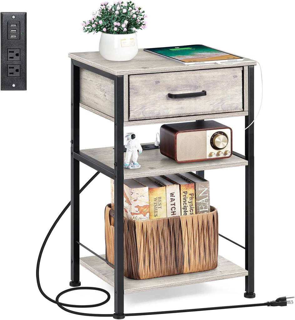 Nightstands with Charging Station,End Tables Living Room with USB Ports and Outlets Nightstand for Small Spaces Fabric Drawer