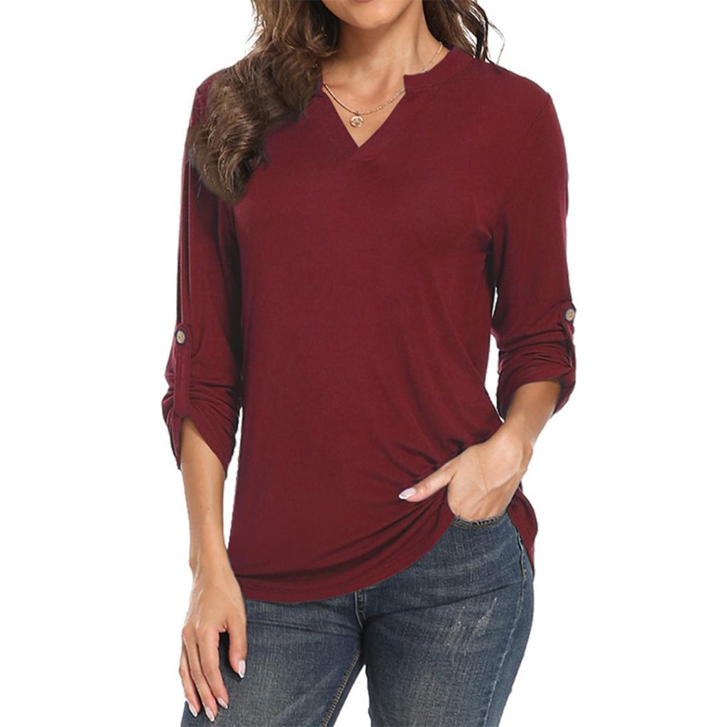 Spring New Women's V-Neck Long Sleeve Roll-up 3/4 Sleeve Waisted Blouse Top, Casual Fashion Women's Clothing for European American