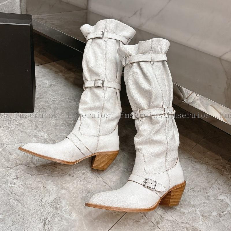 Women Knee High Boots Genuine Leather Pointed Toe Chunky Heel Solid Casual Fashion Simple Design Shoes Western Cowboy Boots