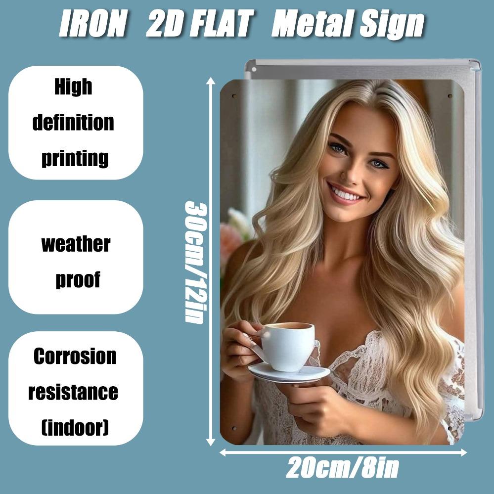 JIT Retro Metal Iron Sign - 8in×12in Blonde Woman With White Cup 2D Flat Decor Easy Install Indoor Outdoor Use