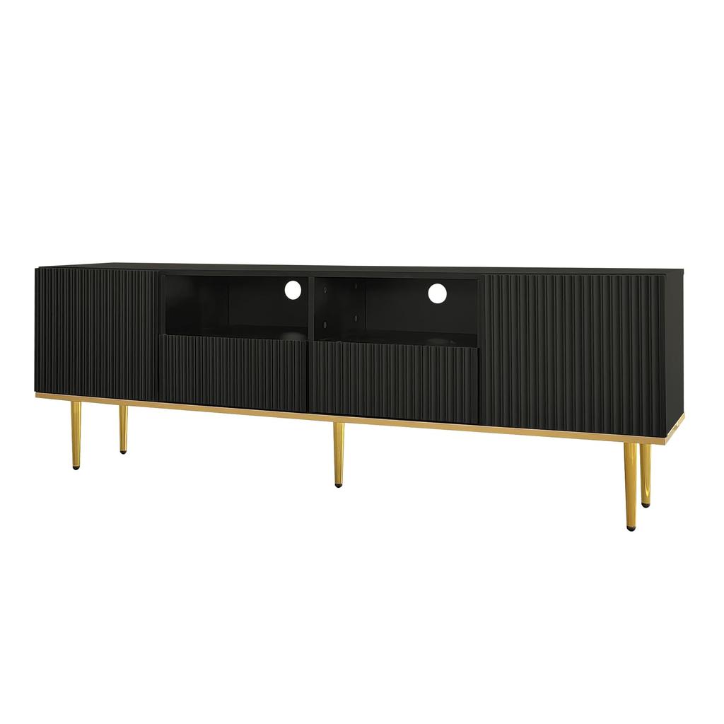 TV-Schrank, modernes TV-Möbel mit goldenen Beinen und Zierleisten, 2 Schubladen & 2 Fächer, elegantes Design