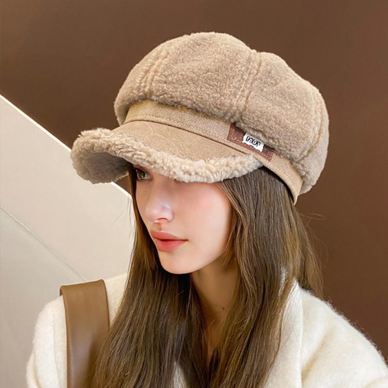 Autumn and winter hats women's imitation lamb wool fashion leather label octagonal hat warm and cold-proof face cap