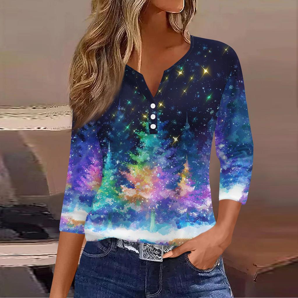 Women's Casual Fashion V-neck Loose Versatile Christmas Print Three-quarter Sleeve Top