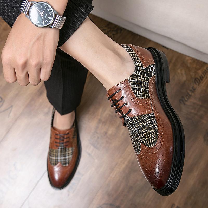 Men's Shoes Brock British Style Leather Shoes Business Casual Shoes Fashion Retro Color Matching Engraved Pointed Leather Shoes Men