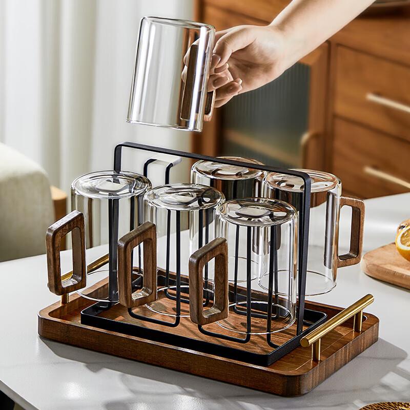 High Borosilicate Glass Teacup Set with Walnut Wood Handle