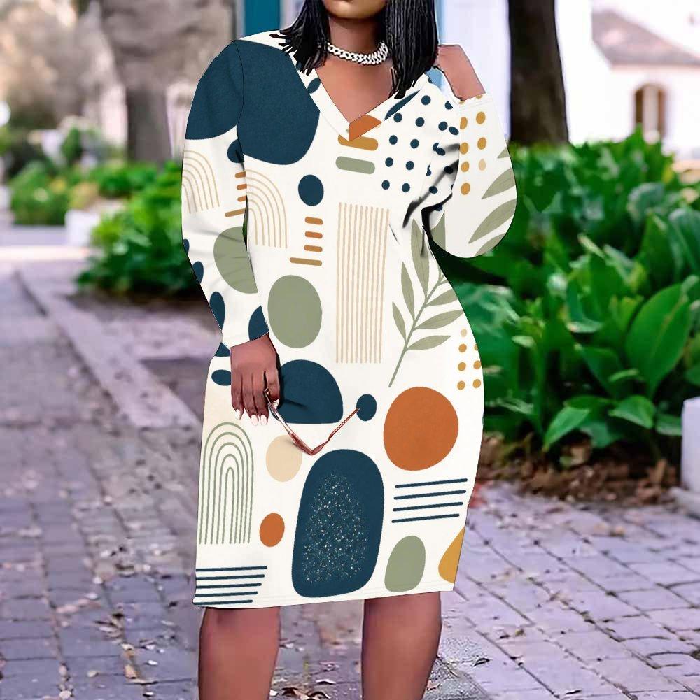 Women Plus Size V Neck Long Sleeve Printed Fitted Straight Midi Dress