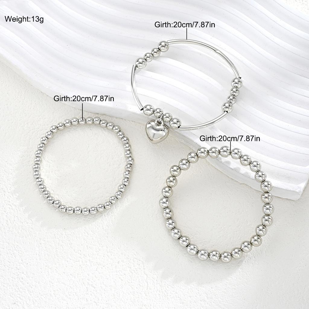 3 Pcs/Set Fashion Heart Pendant Bracelets Set for Women Vintage Simple Silver Color Ball Beaded Bracelets Bangles Jewelry Gifts