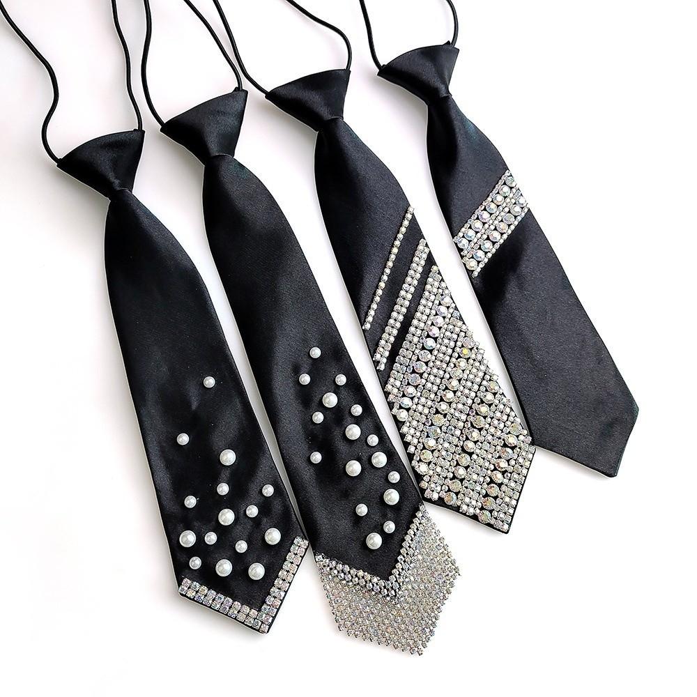 Korean Style Pearls Tie Black Decoration Shirt Tie Hand-beaded Long Necktie  Women