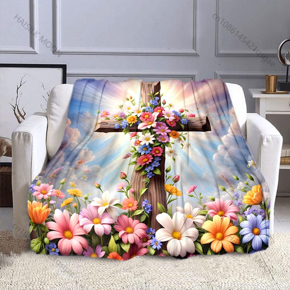 

Flower Cross Pattern Believer Blanket Warm Soft Fluffy Kids and Adult Sofa Bed Throw Blanket Suitable Home Travel Camping Gifts 75x90cm