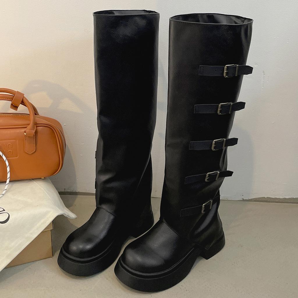 Black British style but knee thick heel platform boots women's 2025 new autumn height-increasing and thin retro boots