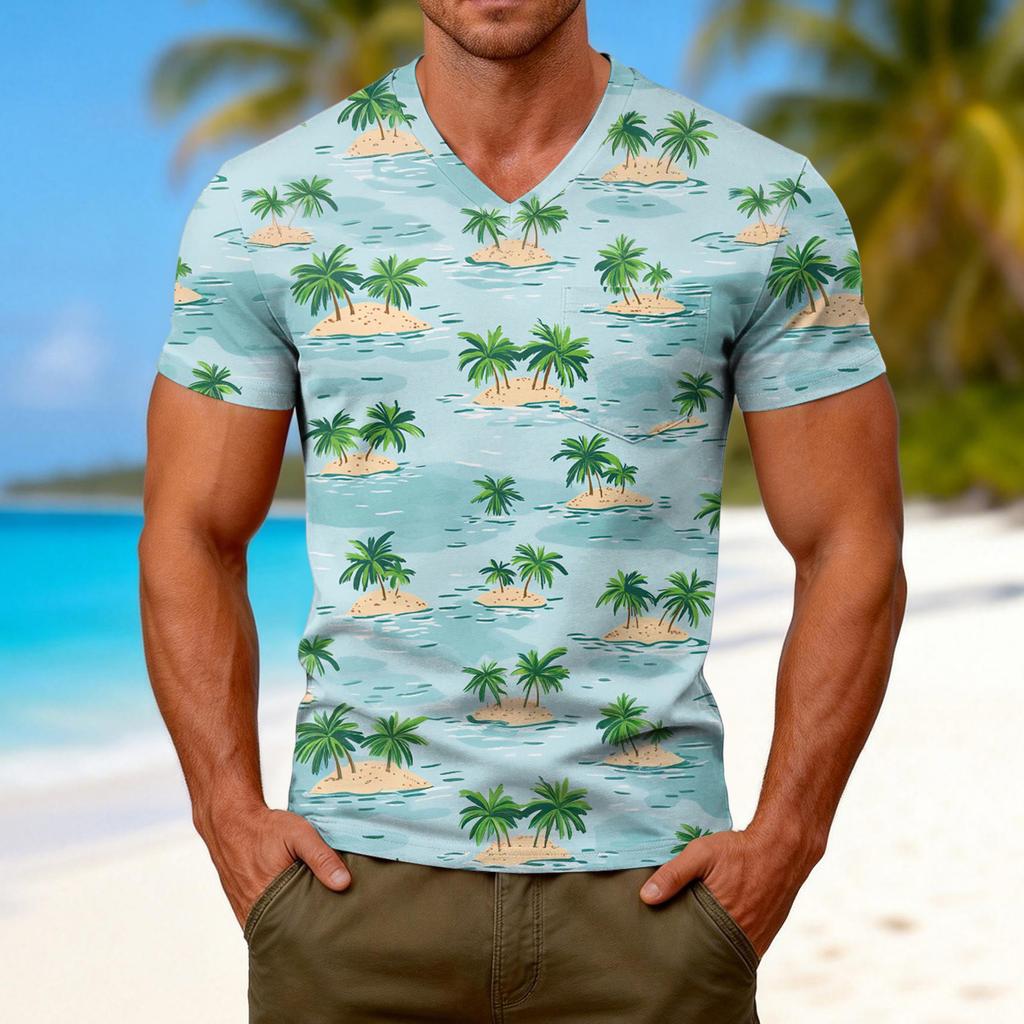 T-shirt da uomo alla moda con stampa, scollo a V, maniche corte