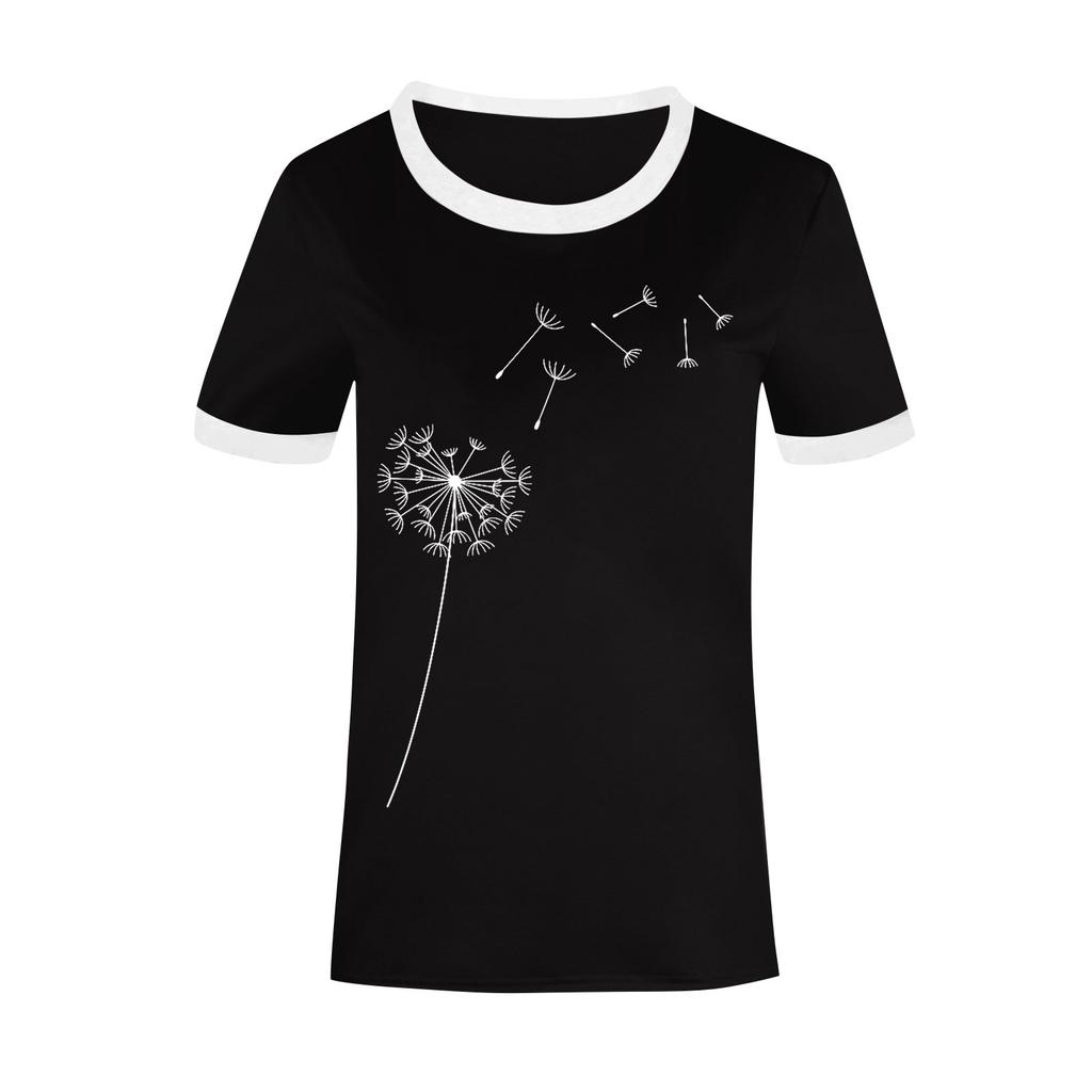 Ladies Cute Printed Short Sleeve Round Neck Front Shoulder Vintage Short Sleeve Summer Loose Shirt Top