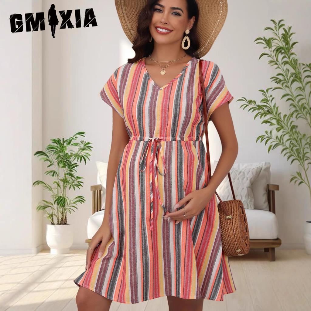 GMXIA V-neck Short-sleeved Loose Casual Striped 3D Printed Waist Tie Maternity Dress