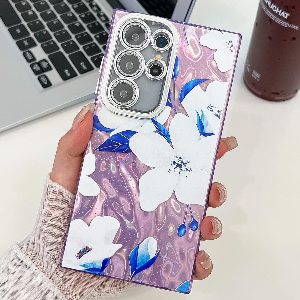 Samsung S25 Ultra Mobile Phone Case Laser Texture Flower and Grass Lens Film S24FE Bracelet A56 Electroplated Hard Shell