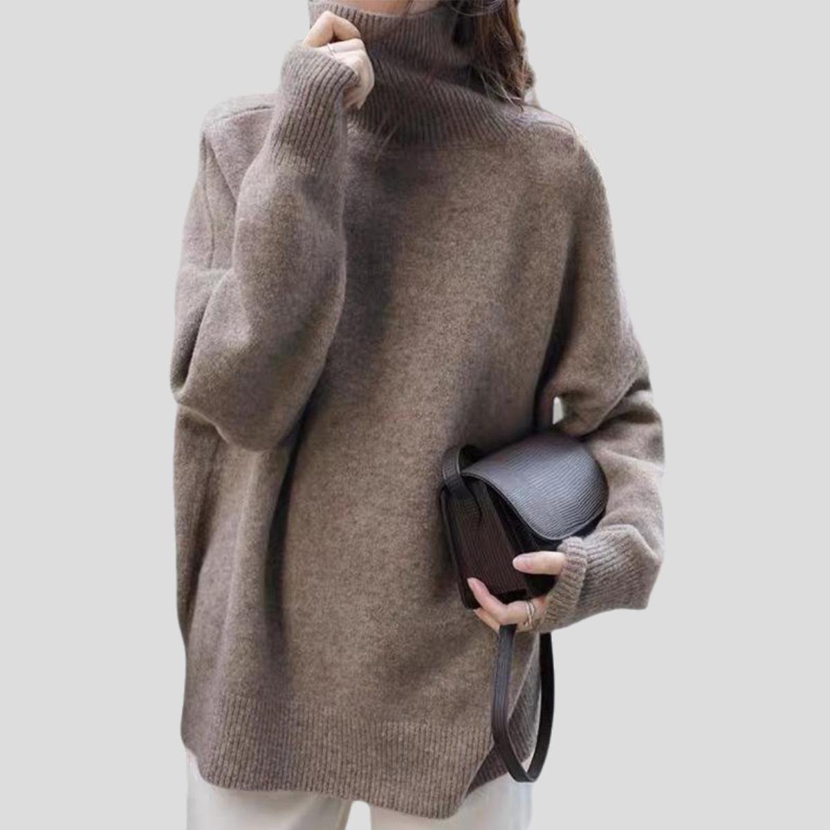 

Женский свитер с высоким воротником Осень Зима Свободный пуловер Трикотаж Повседневный Однотонный Плотный Теплый Вязаный Топ L кофейный