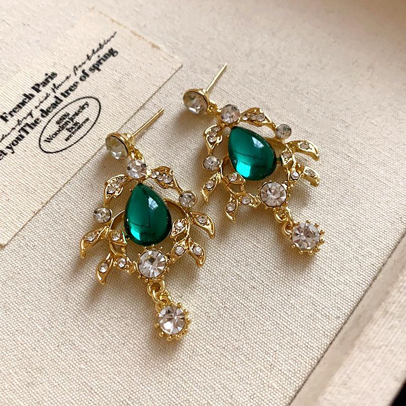 Rhinestone Leaf Drop Pendant Necklace Earring Temperament Vintage Jewelry Sets for Women