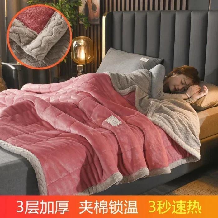Coral Fleece Autumn Winter Warm Blankets for Bed 3 Layers Thicken Flannel Blanket Quilt Soft Comfortable Warmth Quilts Washable